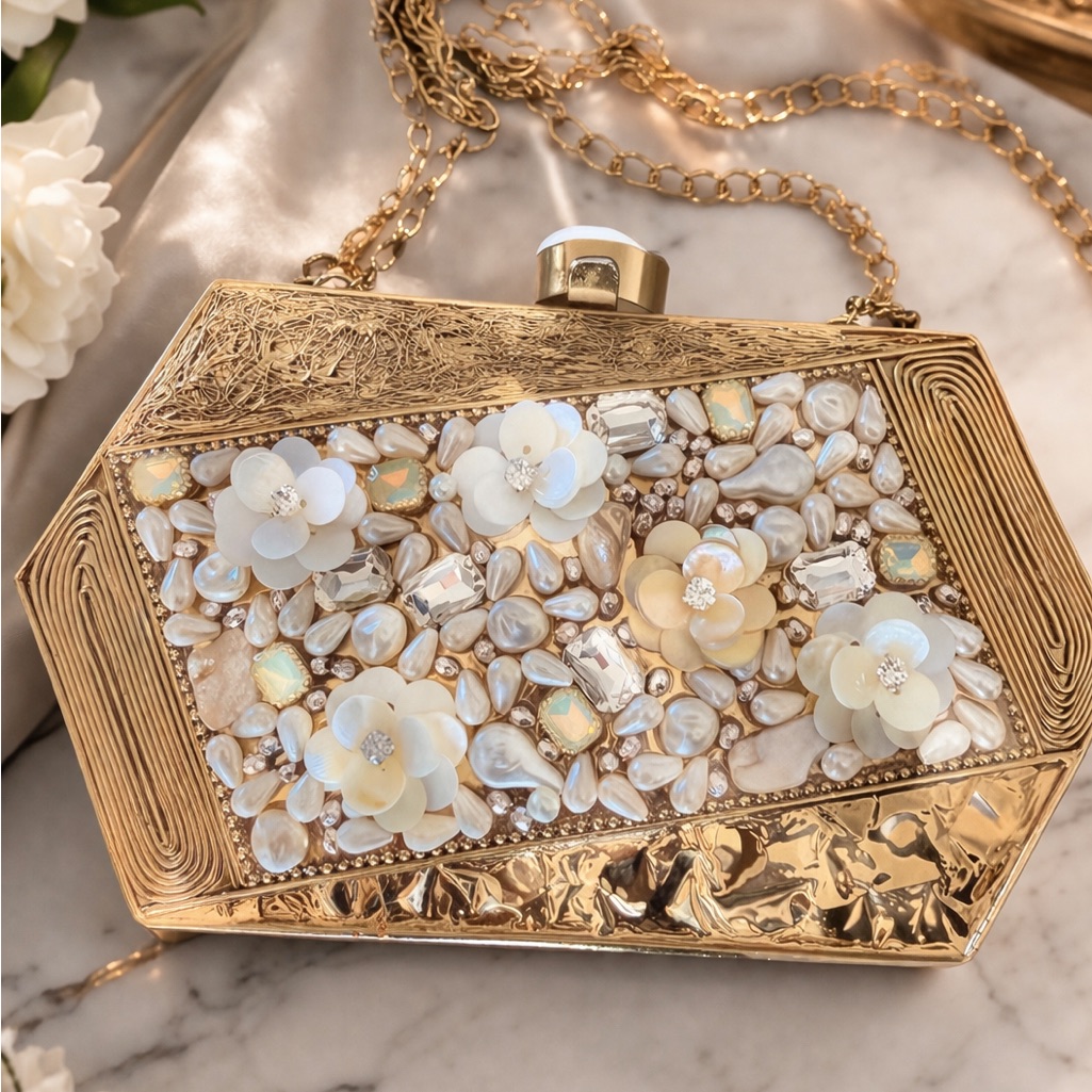 Gold Floral Pearl-Embellished Evening Clutch